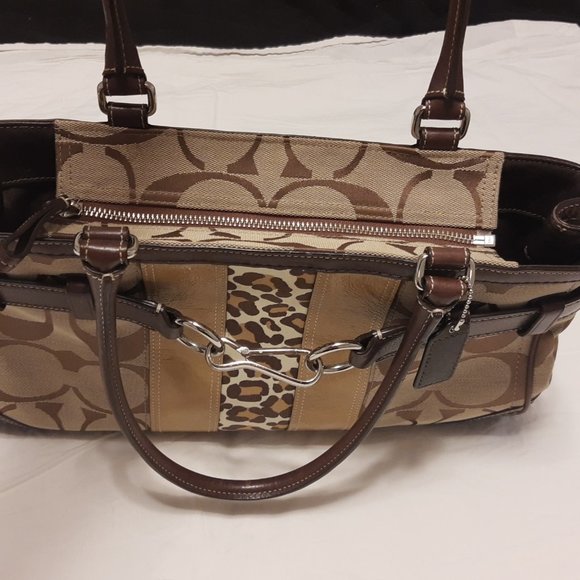 Coach "Hampton" Leopard, Signature Canvas & Leather Carry All Handbag - Picture 3 of 5